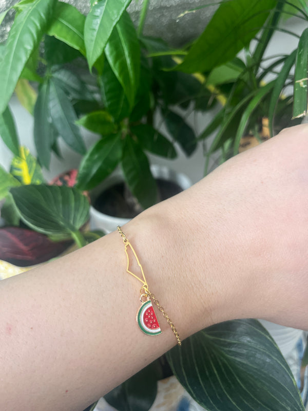 Palestine outline bracelet with watermelon charm gold plated