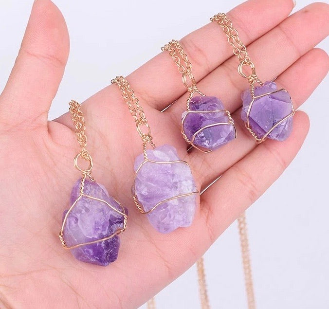 Full Wire Wrap Raw Amethyst Stone Pendant Necklace Natural Healing Chakra Crystals for Women