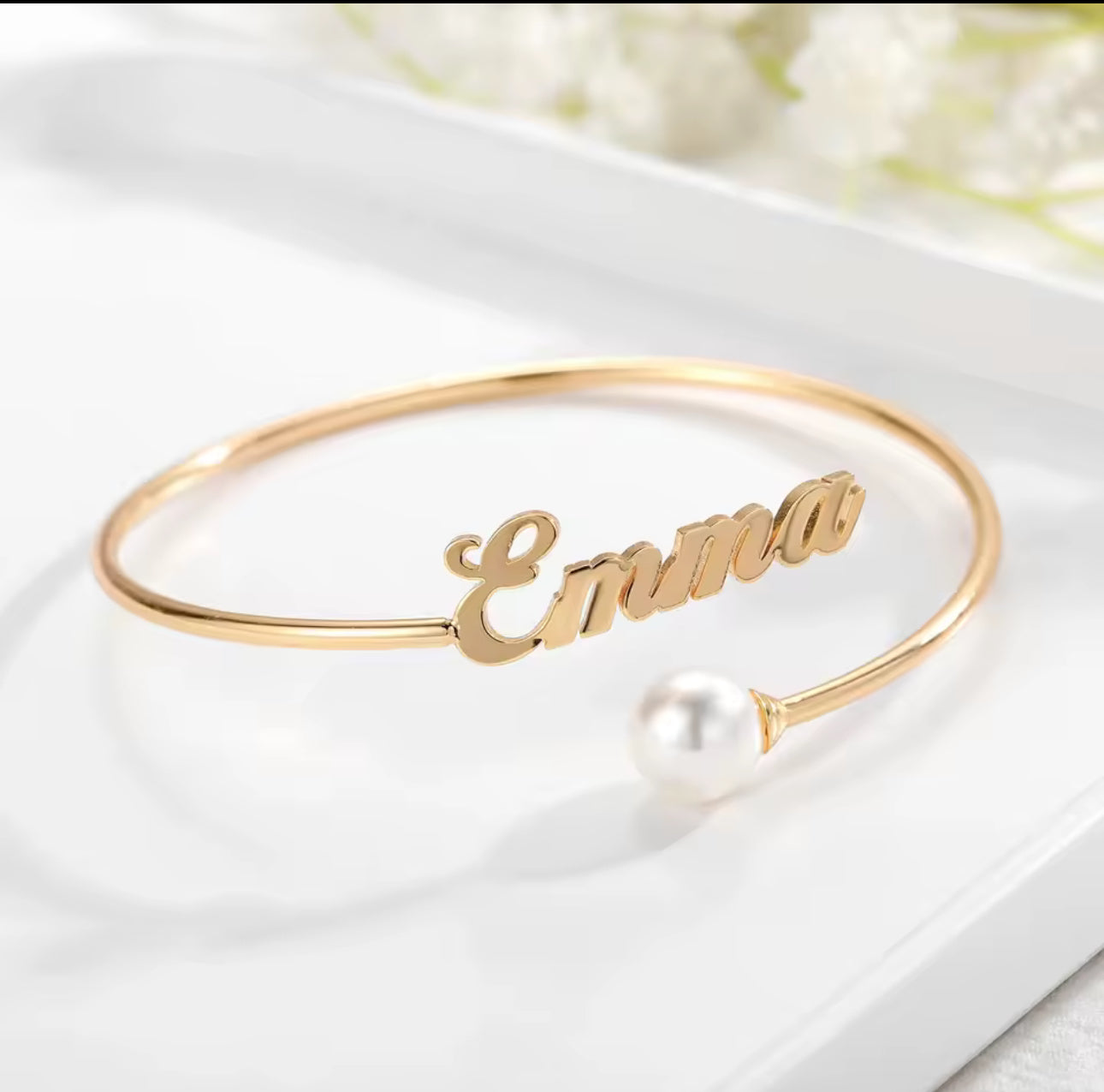 Arabic or English name custom bangle bracelet with pearl