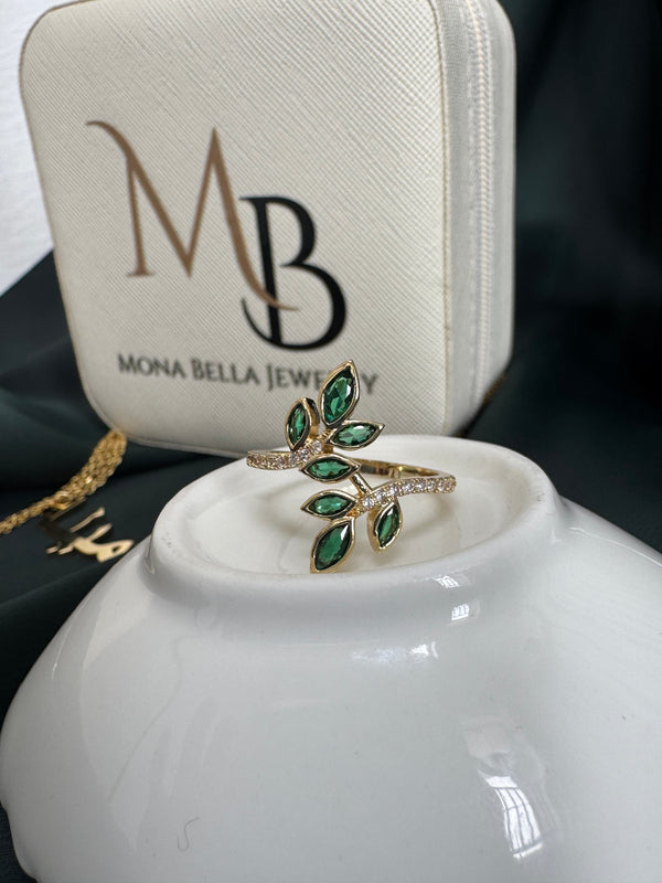 Olive leaf ring with cubic zirconia