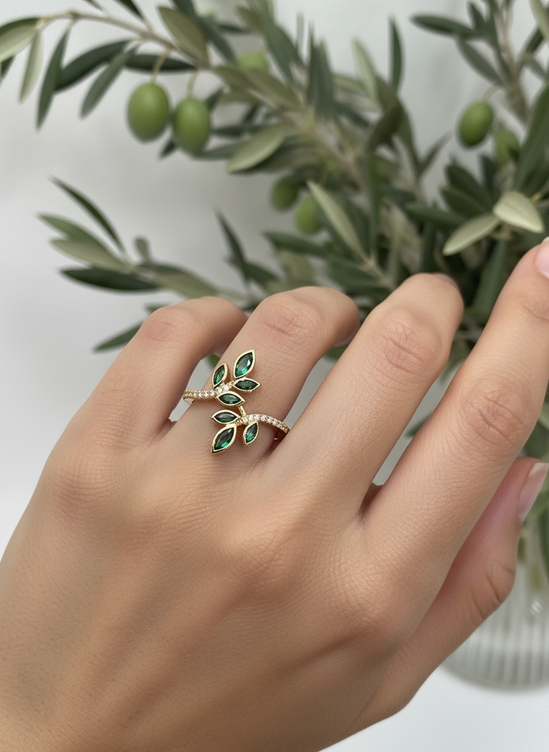Olive leaf ring with cubic zirconia