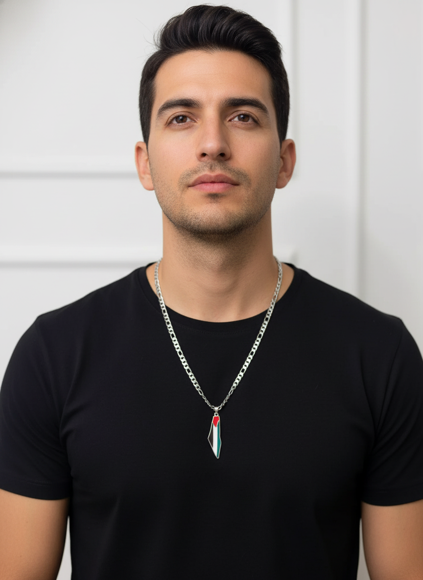 Thick chain Palestine map in silver
