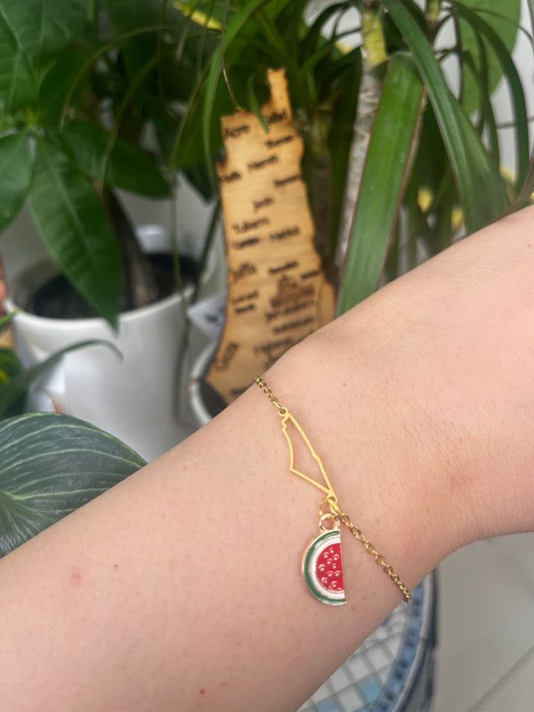 Palestine outline bracelet with watermelon charm gold plated