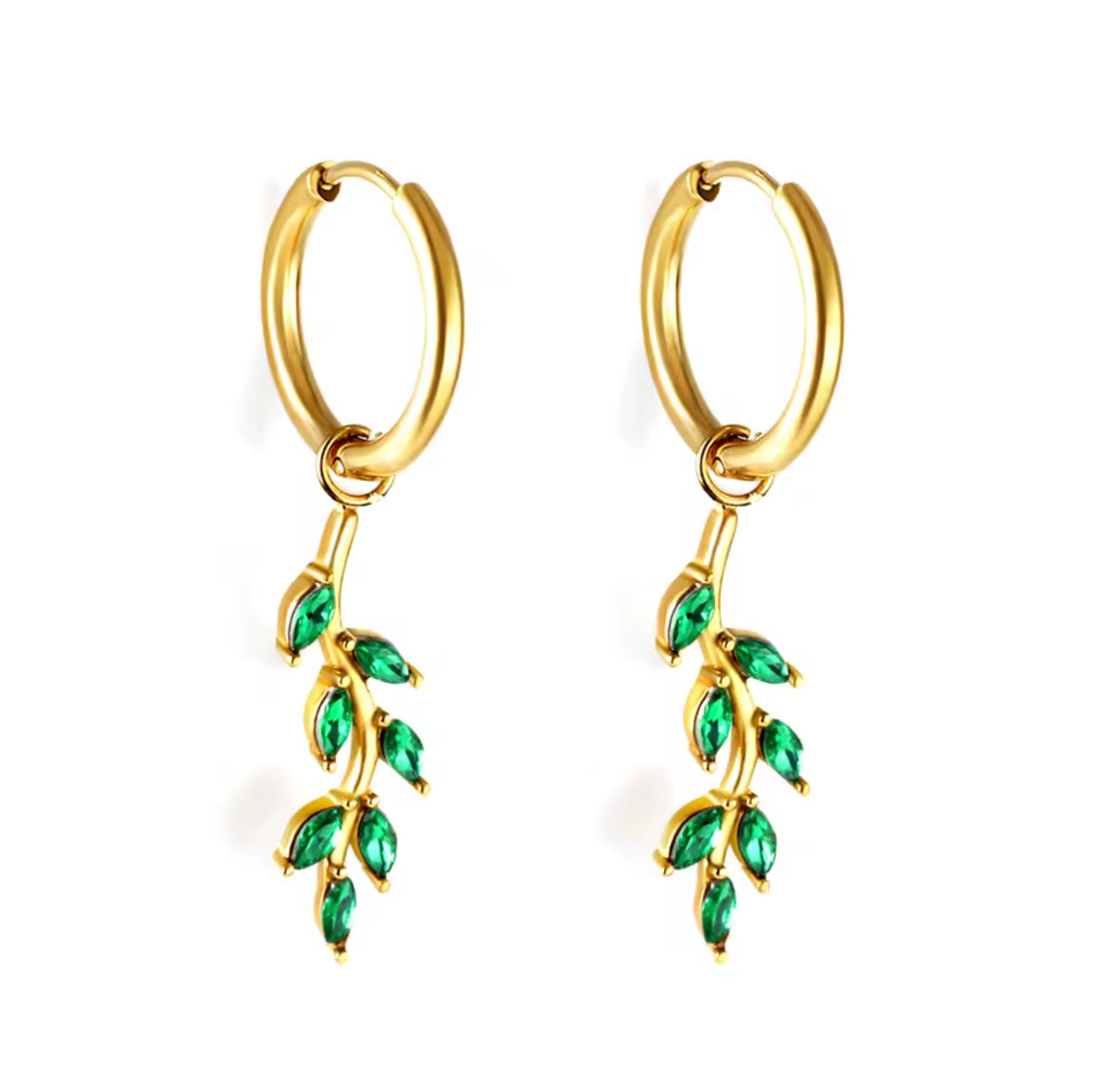 Gold Olive Leaf Hoop Earrings – Emerald Green Crystal Drop Earrings | Nature-Inspired Jewelry for Women