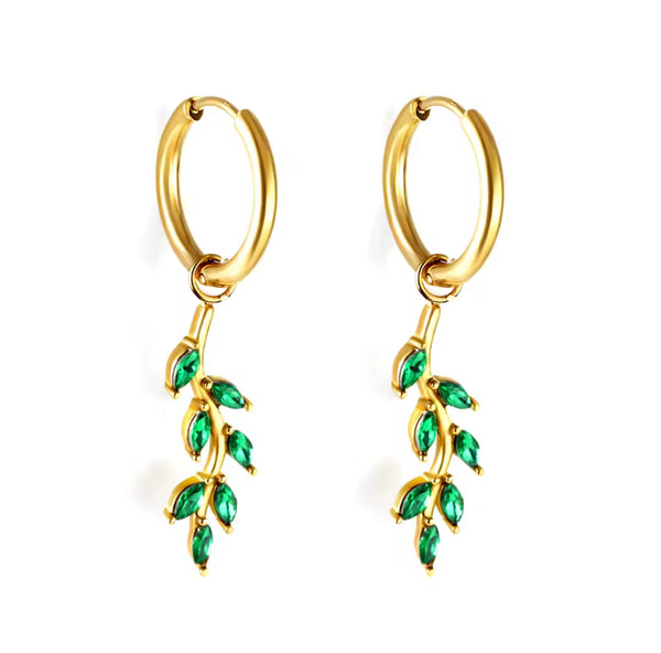 Gold Olive Leaf Hoop Earrings – Emerald Green Crystal Drop Earrings | Nature-Inspired Jewelry for Women