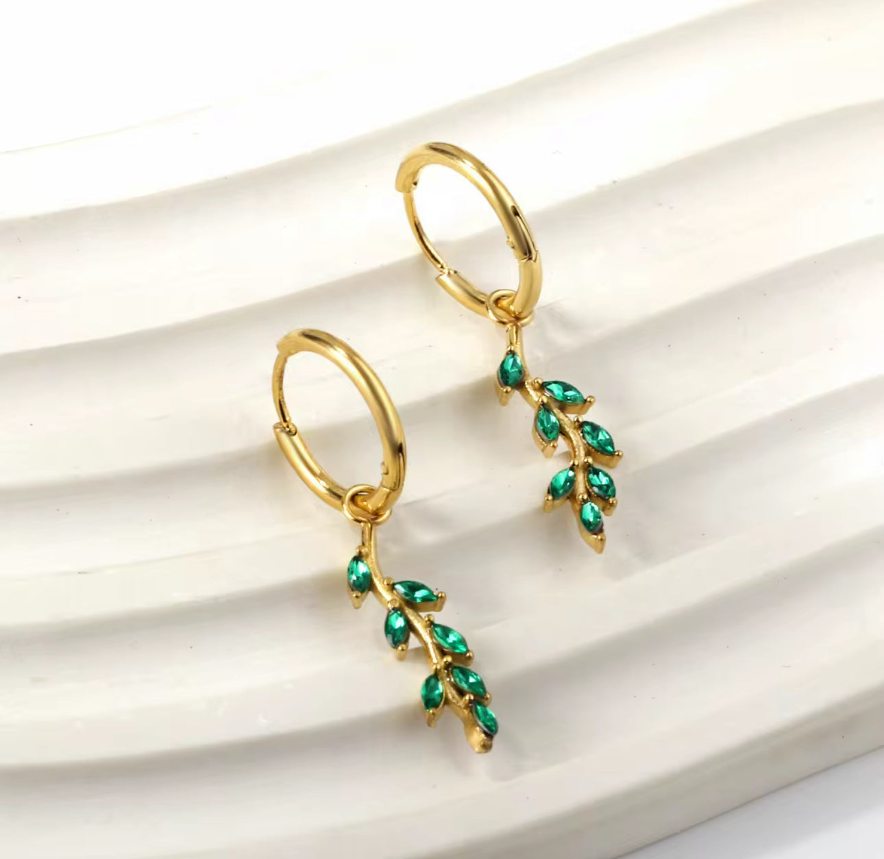 Gold Olive Leaf Hoop Earrings – Emerald Green Crystal Drop Earrings | Nature-Inspired Jewelry for Women