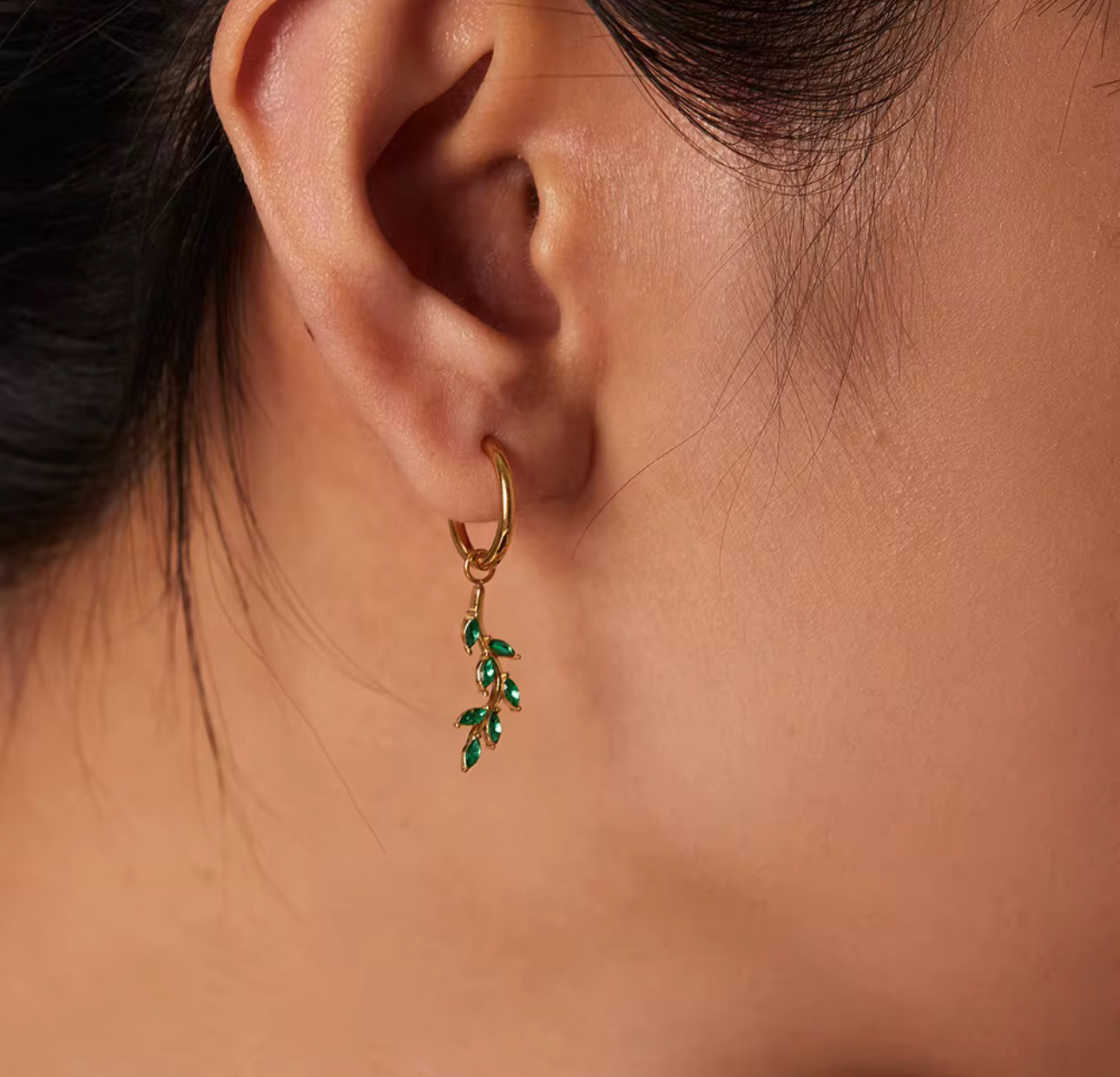 Gold Olive Leaf Hoop Earrings – Emerald Green Crystal Drop Earrings | Nature-Inspired Jewelry for Women