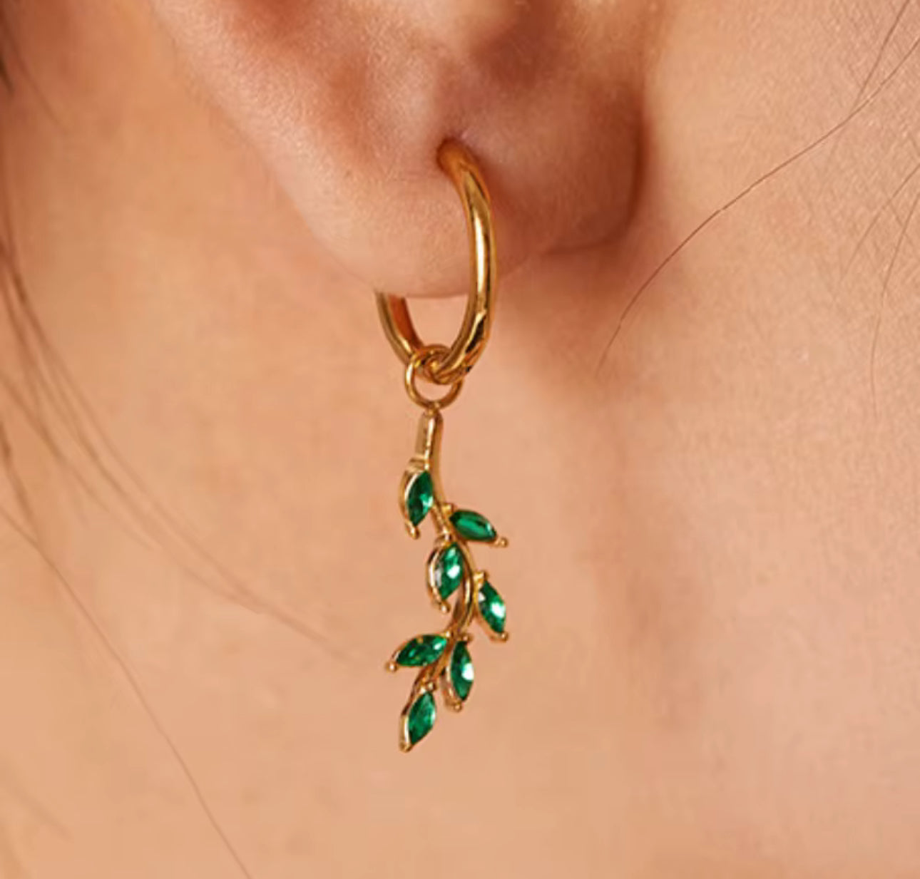 Gold Olive Leaf Hoop Earrings – Emerald Green Crystal Drop Earrings | Nature-Inspired Jewelry for Women