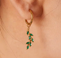 Gold Olive Leaf Hoop Earrings – Emerald Green Crystal Drop Earrings | Nature-Inspired Jewelry for Women