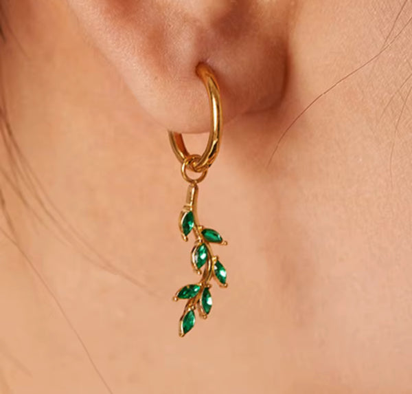 Gold Olive Leaf Hoop Earrings – Emerald Green Crystal Drop Earrings | Nature-Inspired Jewelry for Women