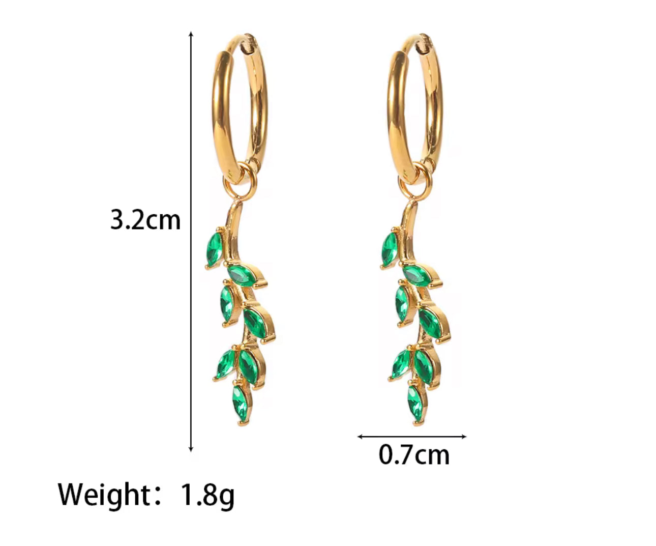 Gold Olive Leaf Hoop Earrings – Emerald Green Crystal Drop Earrings | Nature-Inspired Jewelry for Women