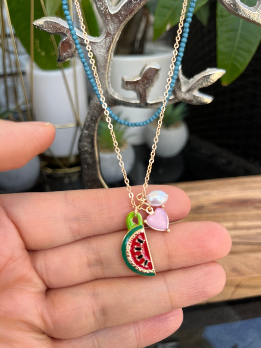 Water melon charm necklace with torquize 2 layer