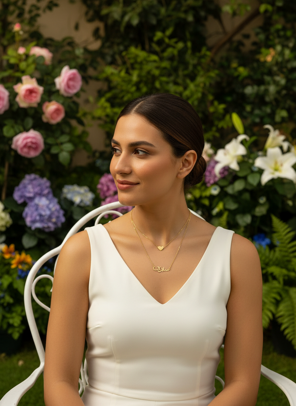 Arabic or English custom necklace with heart on  double chain