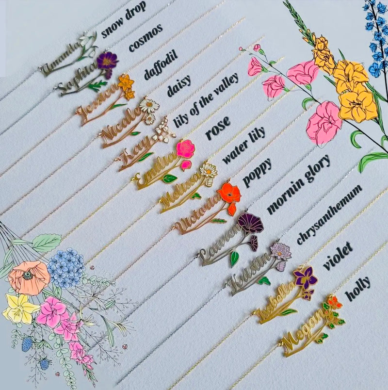 Flower name necklaces with colour