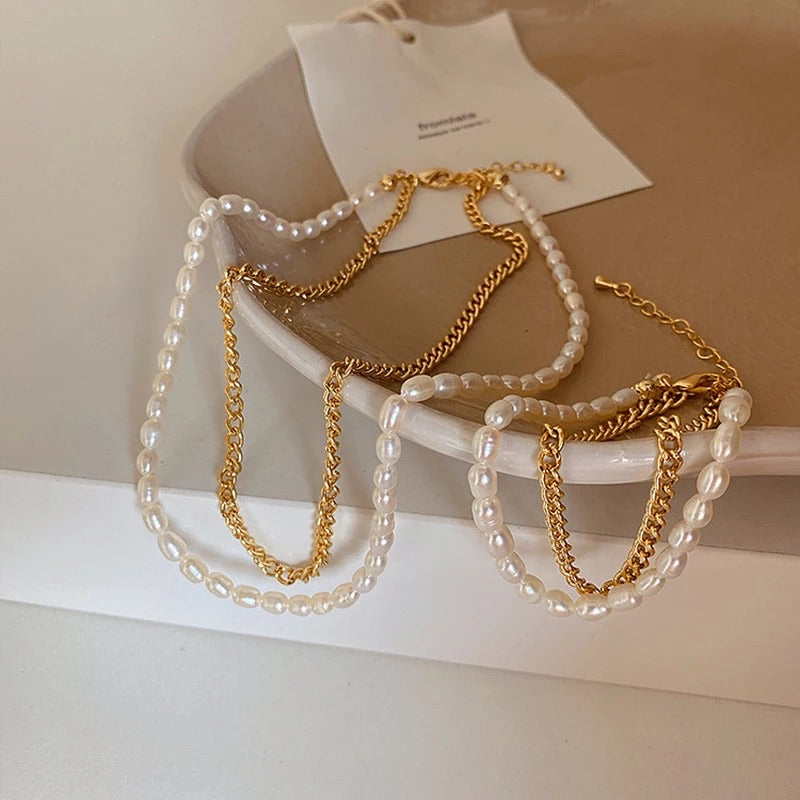Double layered pearl and gold necklace & bracelet set