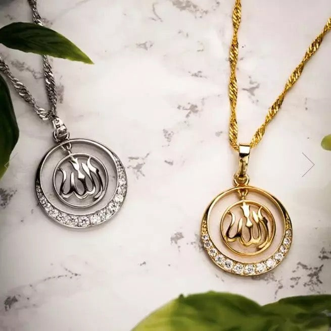 beautiful Allah pendant with chain  14k gold plated with Rhinestones