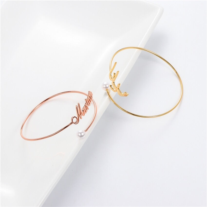 Arabic or English name custom bangle bracelet with pearl