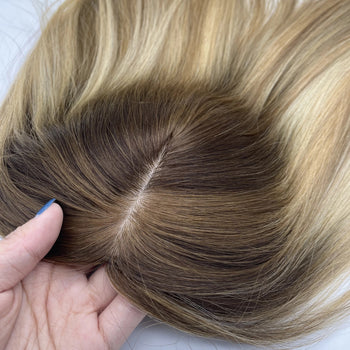 SILK BASE BLOND TOPPER WITH ROOTS WAVY or STRAIGHT BY 5X6 INCH BASE 18 inches