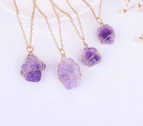 Full Wire Wrap Raw Amethyst Stone Pendant Necklace Natural Healing Chakra Crystals for Women