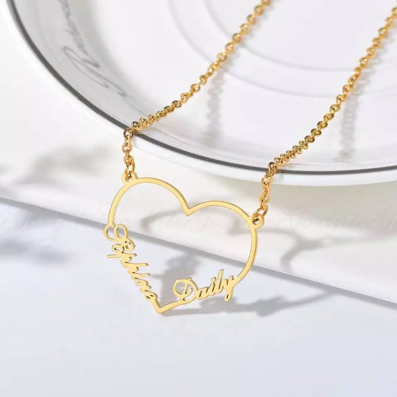 Double name heart shape necklace sterling