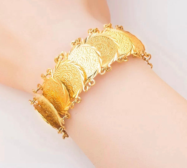 Moroccan style 18 K plated gold coin bracelet