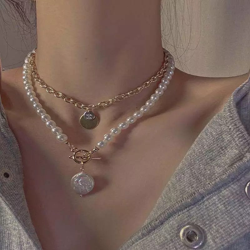 Coin drop layered necklace with pearls
