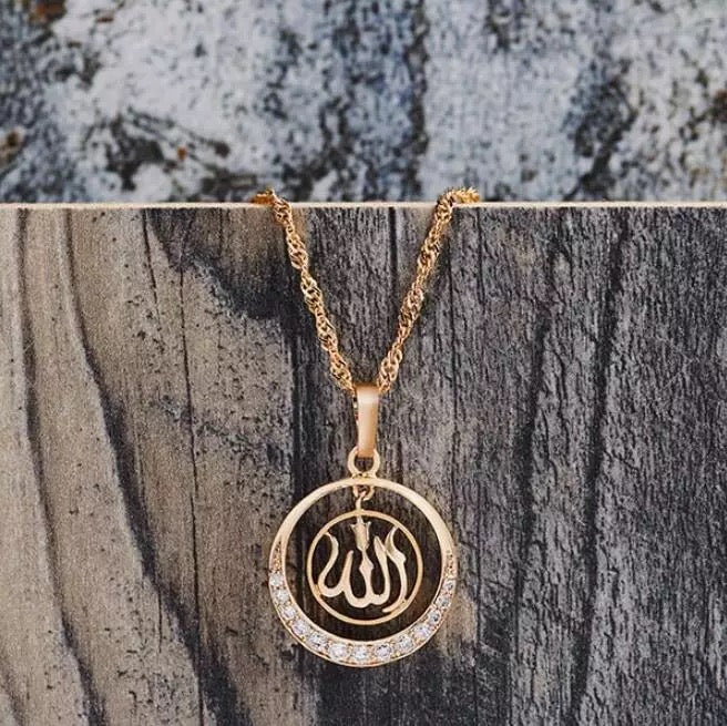 beautiful Allah pendant with chain  14k gold plated with Rhinestones