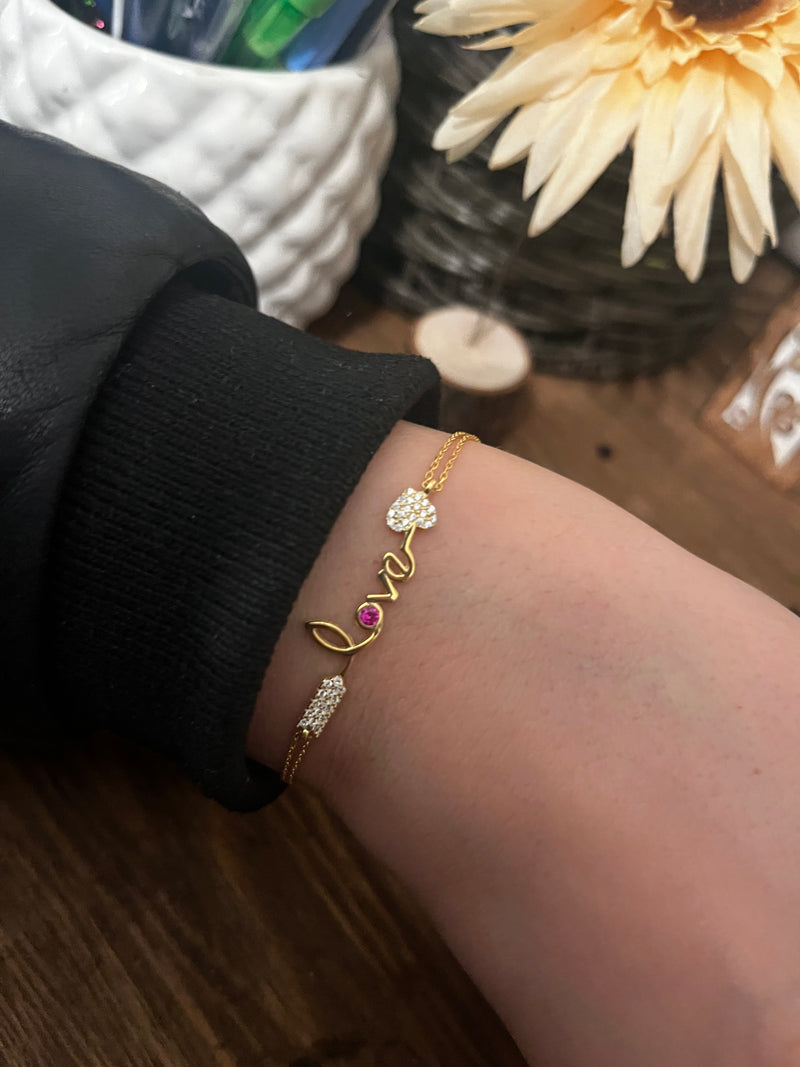 Love arrow bracelet with cubic zirconia sterling silver real gold plated