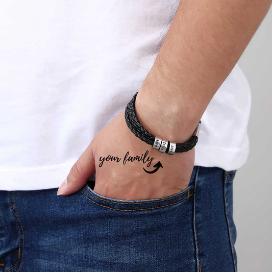 Men’s woven leather bracelet with personalized engraving