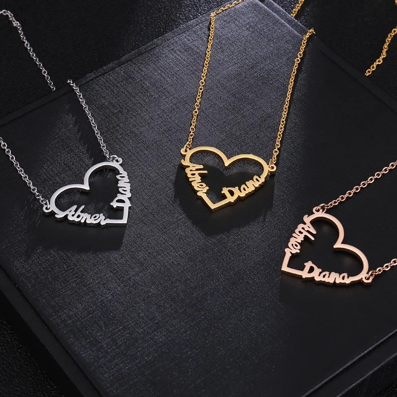 Double name heart shape necklace sterling