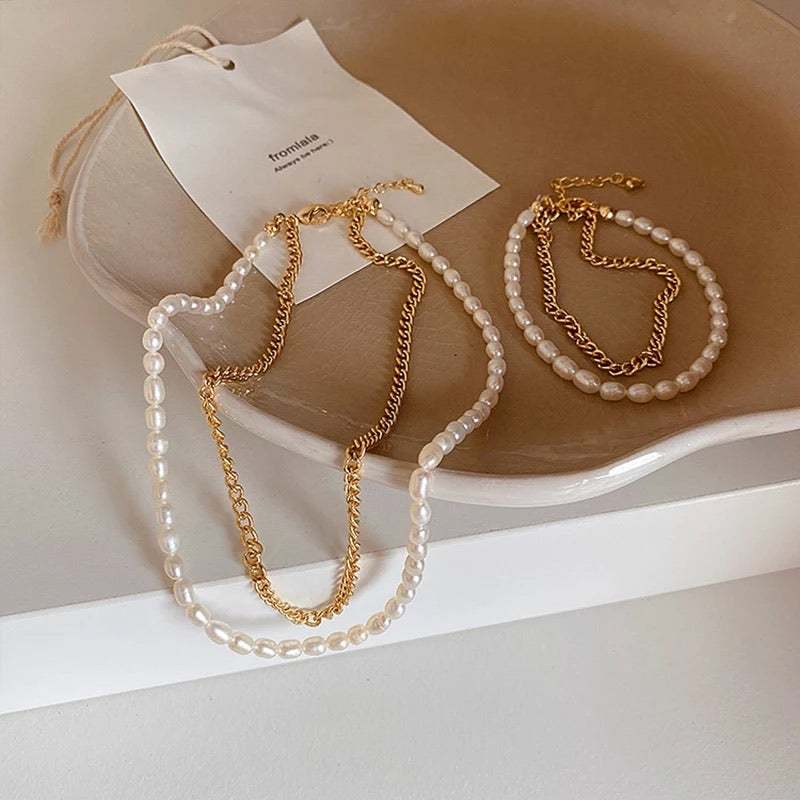 Double layered pearl and gold necklace & bracelet set