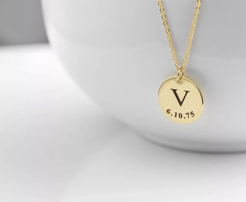 Engraved Initial birthdate coin necklaces